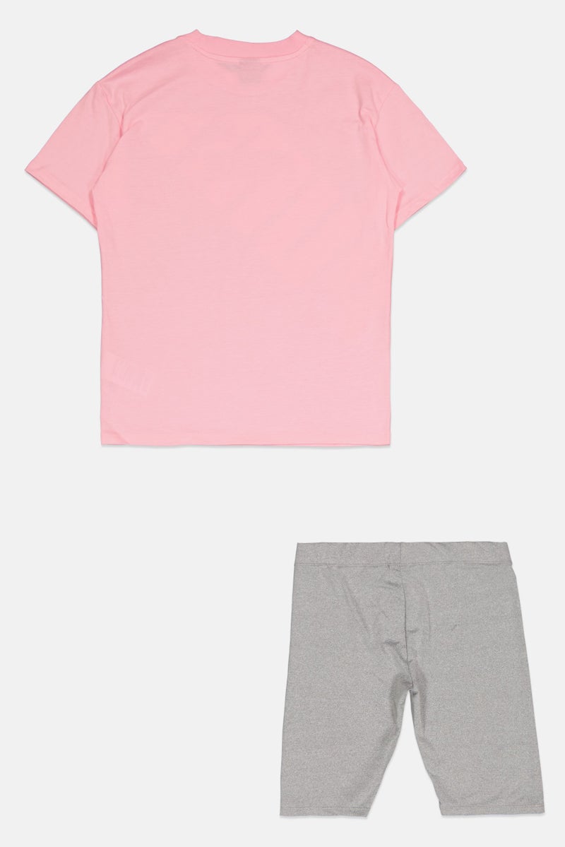 PUMA Kids Girl 2 Pieces Sportswear Fit Short Sleeves Training T-shirt And Shorts, Pink/Grey - Image 2