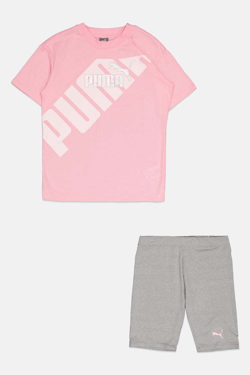 PUMA Kids Girl 2 Pieces Sportswear Fit Short Sleeves Training T-shirt And Shorts, Pink/Grey - Image 1