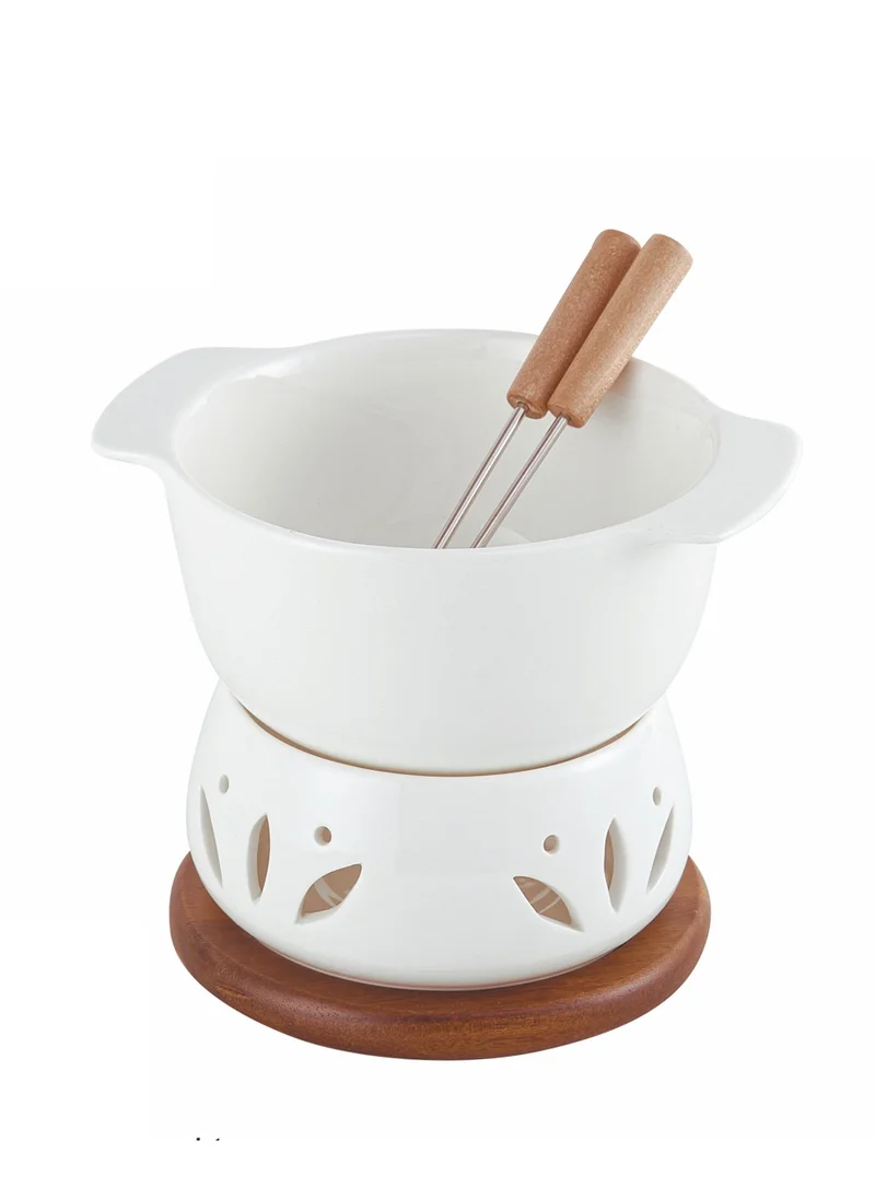 Shallow Shallow Acacia Wood Porcelain with Stainless Steel Single 4 Pieces Fondue Set, White & Brown, 16cm