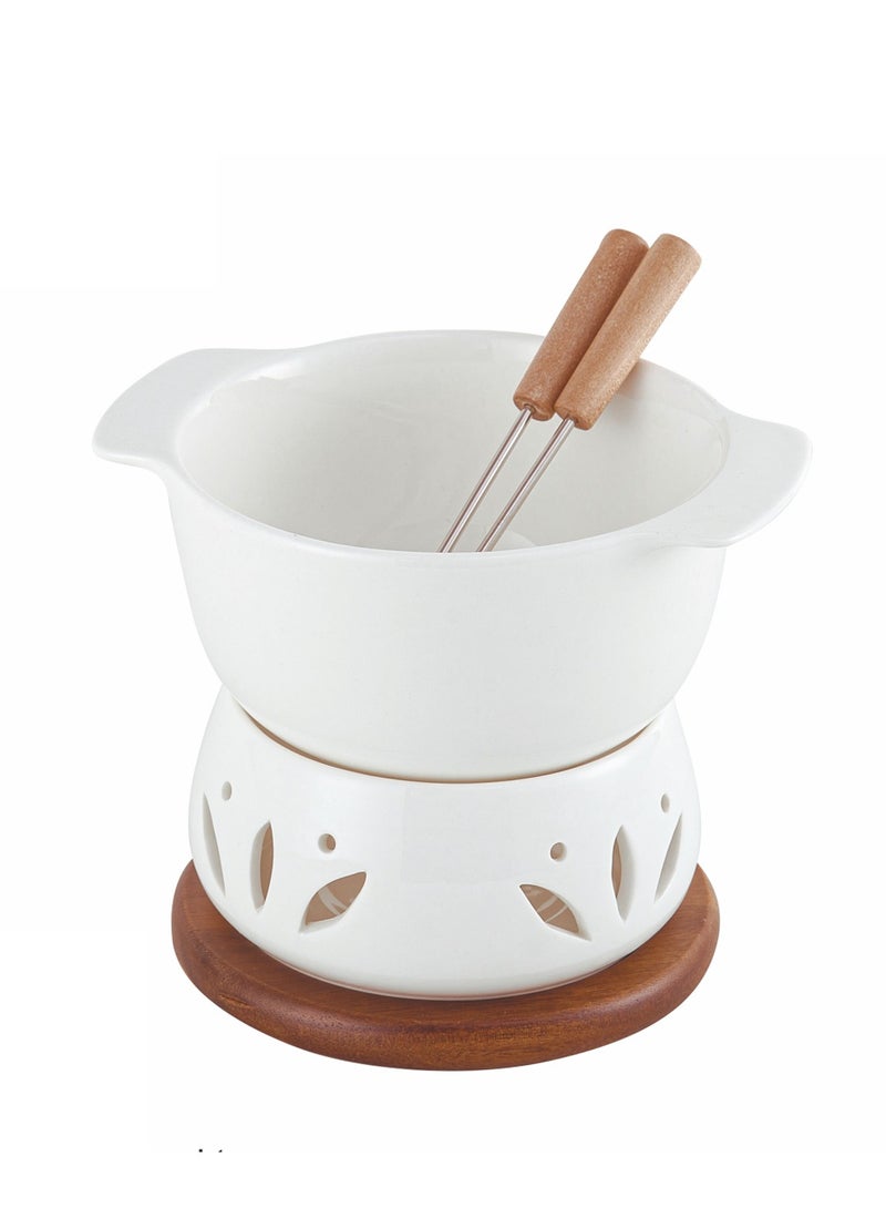 Shallow Acacia Wood Porcelain with Stainless Steel Single 4 Pieces Fondue Set, White & Brown, 16cm - Image 1