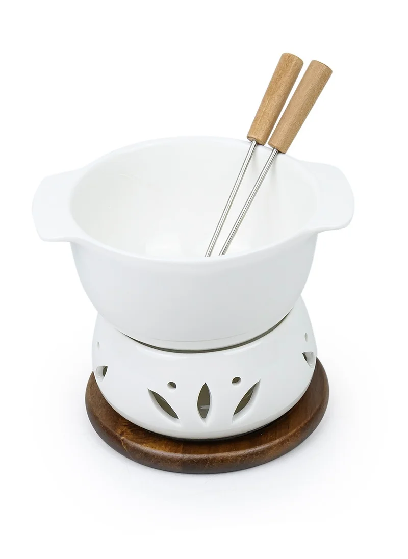 Shallow Shallow Acacia Wood Porcelain with Stainless Steel Single 4 Pieces Fondue Set, White & Brown, 16cm