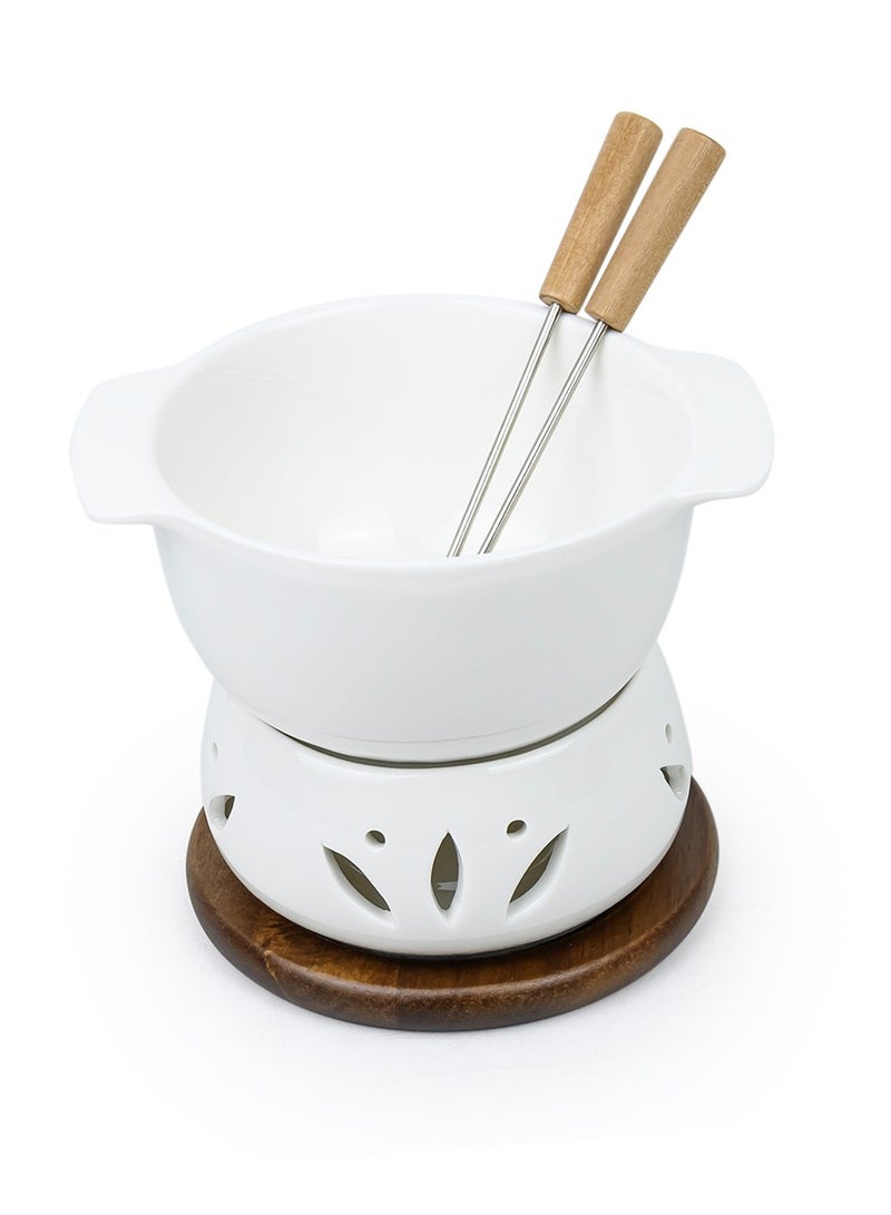 Shallow Acacia Wood Porcelain with Stainless Steel Single 4 Pieces Fondue Set, White & Brown, 16cm - Image 2