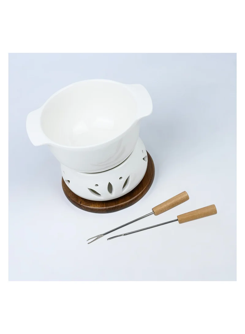 Shallow Shallow Acacia Wood Porcelain with Stainless Steel Single 4 Pieces Fondue Set, White & Brown, 16cm