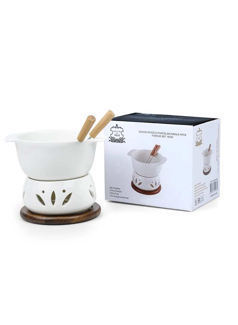 Shallow Shallow Acacia Wood Porcelain with Stainless Steel Single 4 Pieces Fondue Set, White & Brown, 16cm