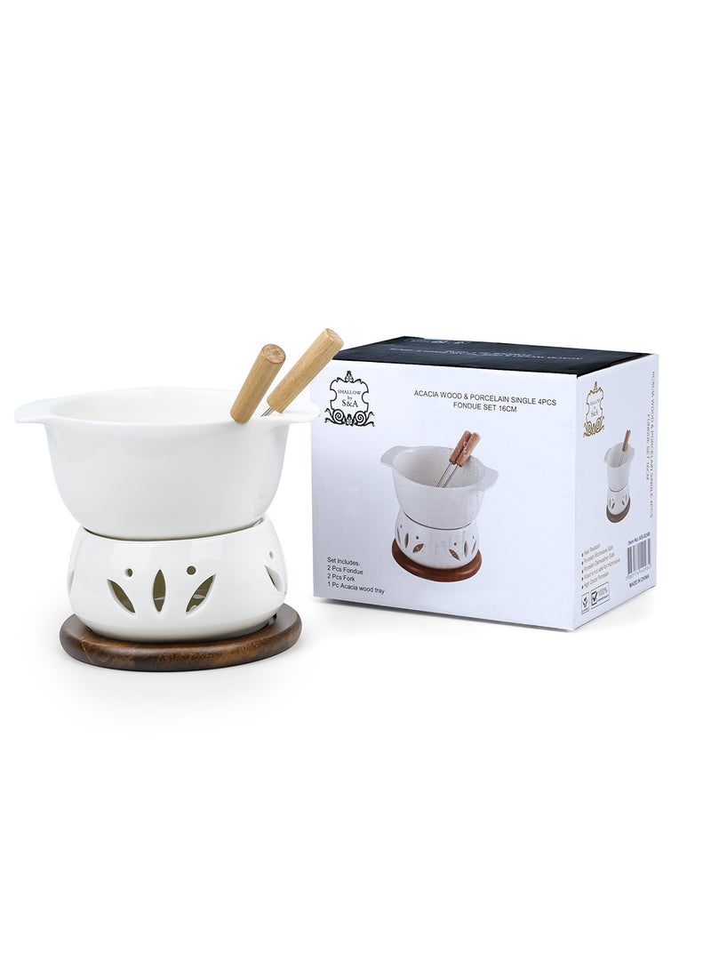 Shallow Acacia Wood Porcelain with Stainless Steel Single 4 Pieces Fondue Set, White & Brown, 16cm - Image 3