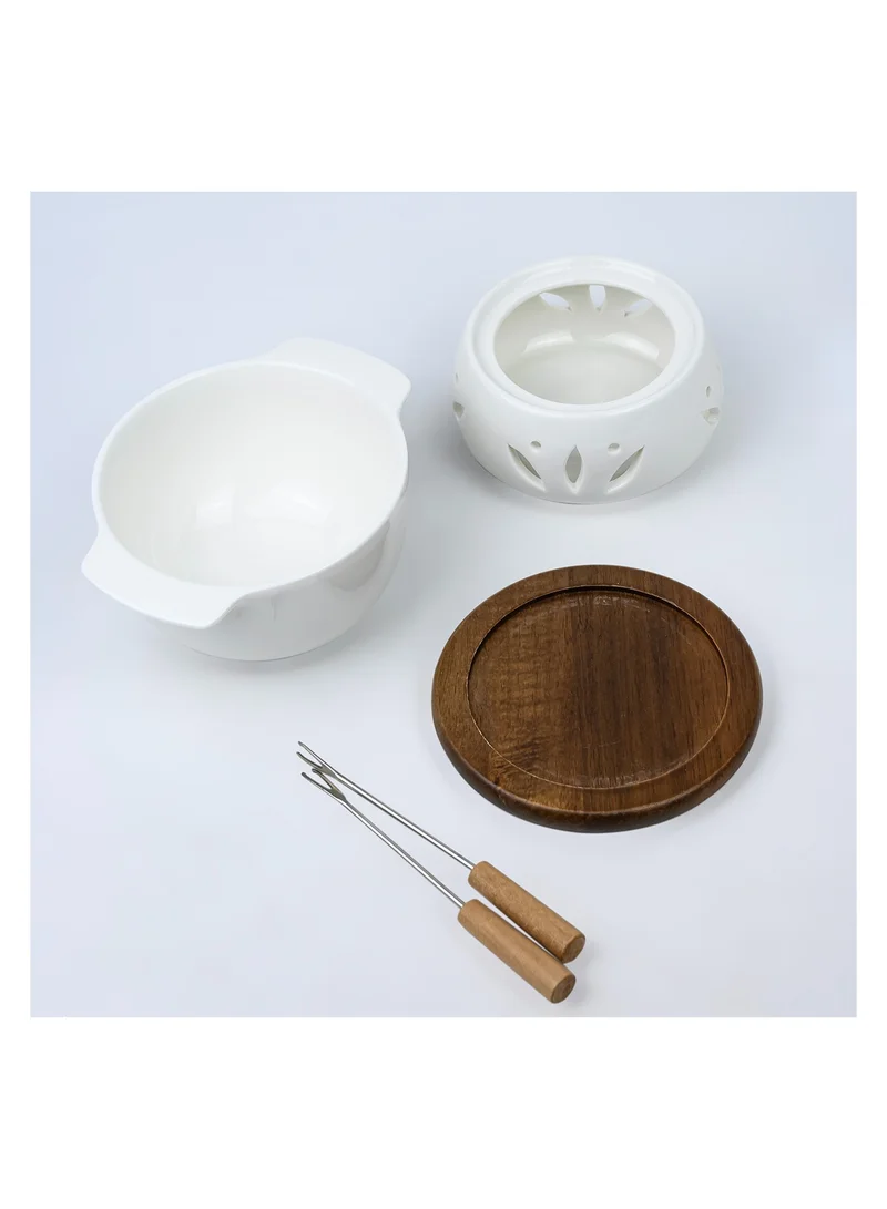 Shallow Shallow Acacia Wood Porcelain with Stainless Steel Single 4 Pieces Fondue Set, White & Brown, 16cm