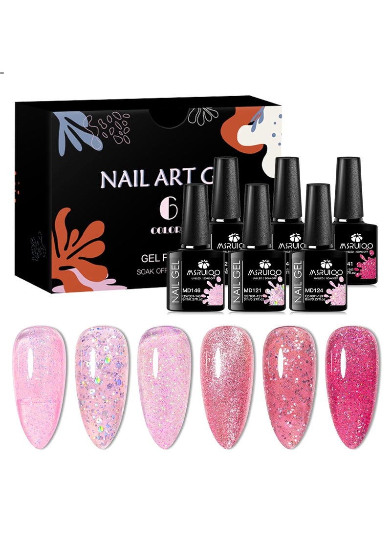 MSRUIOO Gel Nail Polish Set Glitter Gel Nail Polish Kit 6PCS Spring Nail Polish Gel Nude Pink Suitable for Girls Women Manicure Lovers 8ml/0.27fl.oz 
