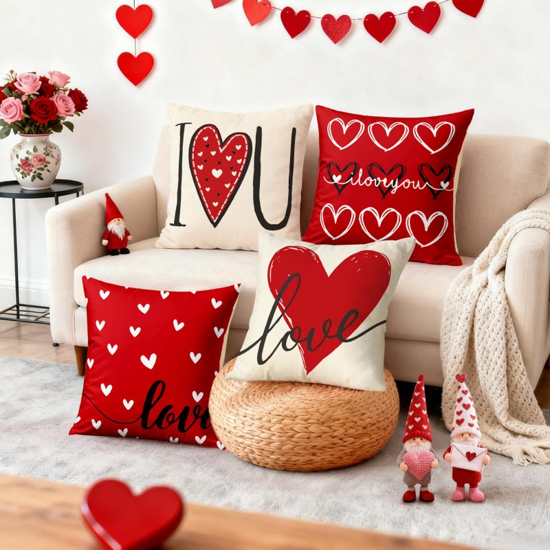 YOSICHY Valentines Day Decorations-Valentine Pillow Covers 18x18 Set of 4, Red Hearts I Love You Happy Valentine's Day Throw Outdoor Pillow Covers Anniversary Wedding Cushion Case for Home Sofa Couch Decor - Image 5