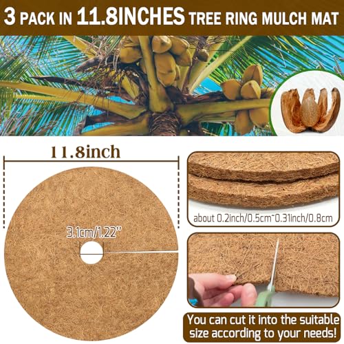 ZeeDix 3 Pack Coconut Fiber Mulch Ring, 11.8 Inch Coco Coir Tree Ring Mulch Mat, 100% Natural Tree Protector Mat Plant Cover Ring Coconut Coir Discs Tree Mats Mulch Rings for Indoor Outdoor Plants - Image 2