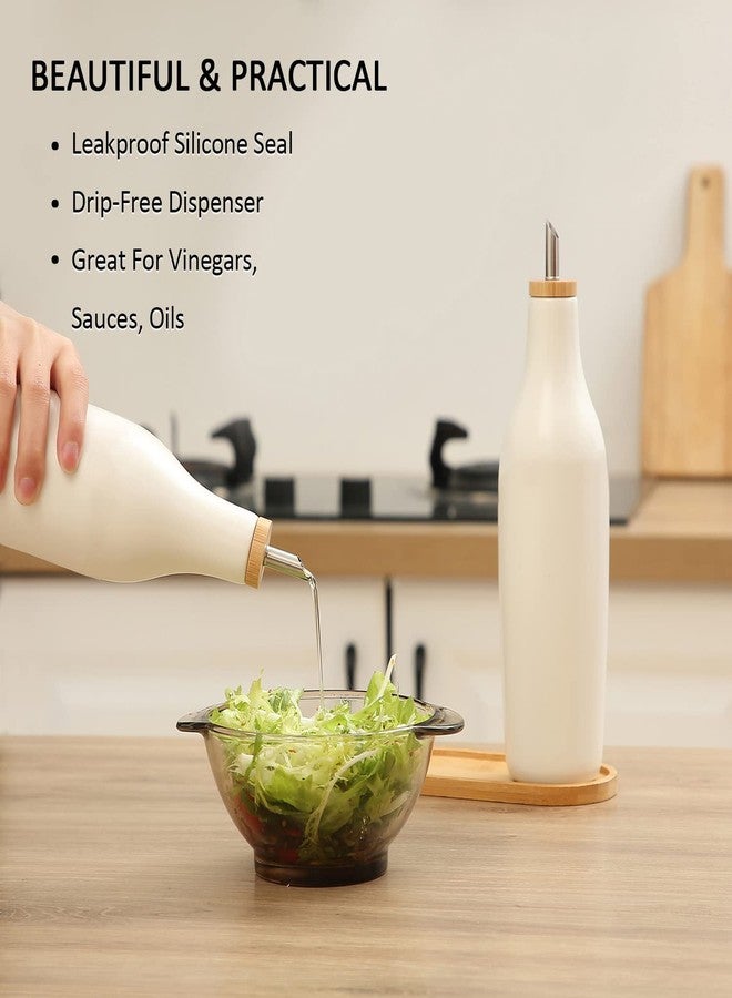 HOMCDALY Ceramic Olive Oil Dispenser for Kitchen, Stoneware 16oz Oil and Vinegar Bottles Dispenser, Kitchen Dispenser Bottle for EVOO Vinegar Syrups, Modern Farmhouse Design(W) - Image 4