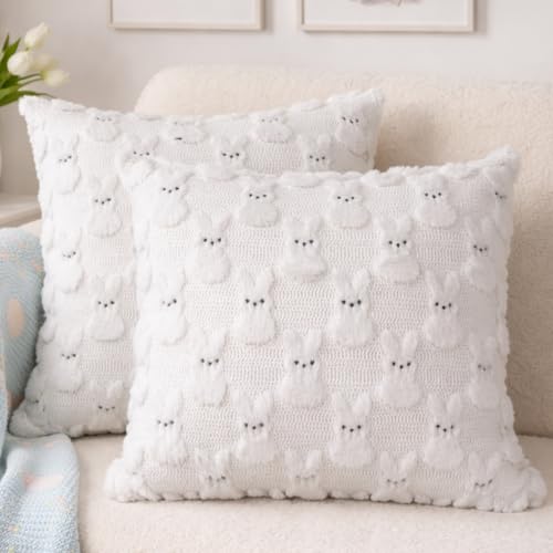 Yuubin Easter Bunny Pillow Covers 18x18 Set of 2,Rabbit Soft Plush Faux Fur White Spring Throw Pillow Cases for Home Decorations Sofa Bedroom Living Room Couch Bed Decor - Image 1
