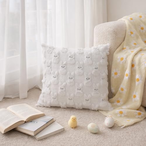 Yuubin Easter Bunny Pillow Covers 18x18 Set of 2,Rabbit Soft Plush Faux Fur White Spring Throw Pillow Cases for Home Decorations Sofa Bedroom Living Room Couch Bed Decor - Image 5
