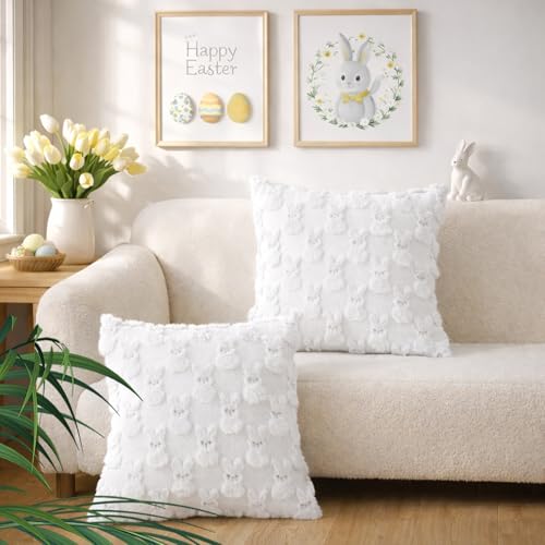Yuubin Easter Bunny Pillow Covers 18x18 Set of 2,Rabbit Soft Plush Faux Fur White Spring Throw Pillow Cases for Home Decorations Sofa Bedroom Living Room Couch Bed Decor - Image 2
