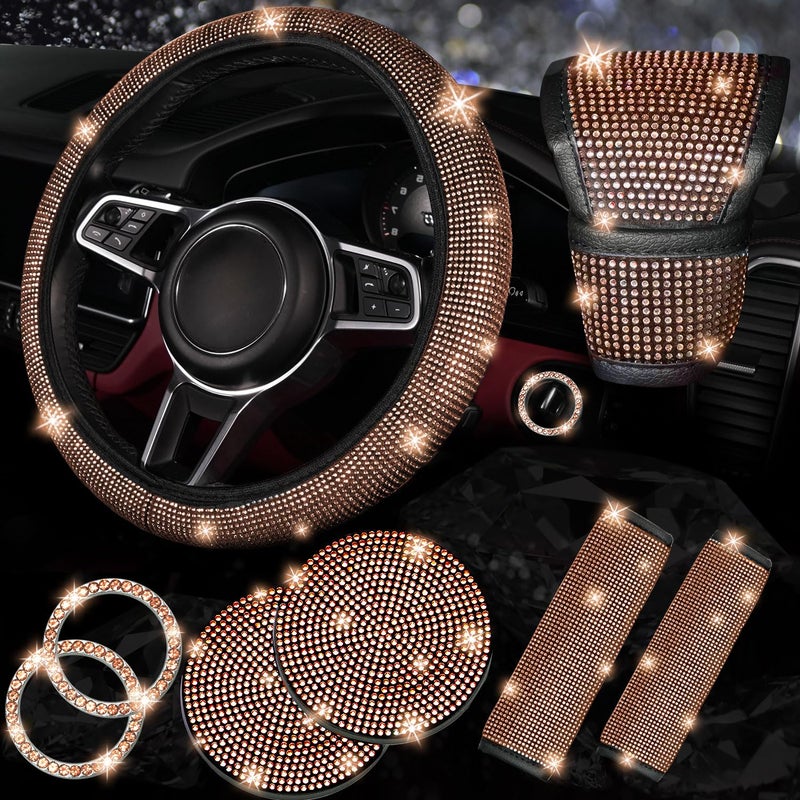 NBTEPEM 8 pcs Bling Car Accessories Set for Women Steering Wheel Cover Sparkly Seat Belt Covers Bling Gear Shift Cover Universal Fit Most Cars Gold Champagne Diamond