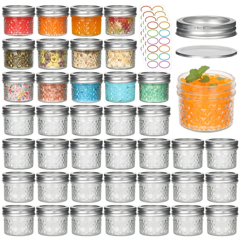 Alotpower جرار ميسون صغيرة سعة 4 أونصات من ألوط باور مع أغطية 40 حزمة، جرار تعليب صغيرة فارغة مع أغطية وأشرطة لتخزين المربى والأعشاب والتوابل والعسل (4 أونصات سائلة، مجموعة من 40)  - Image 1