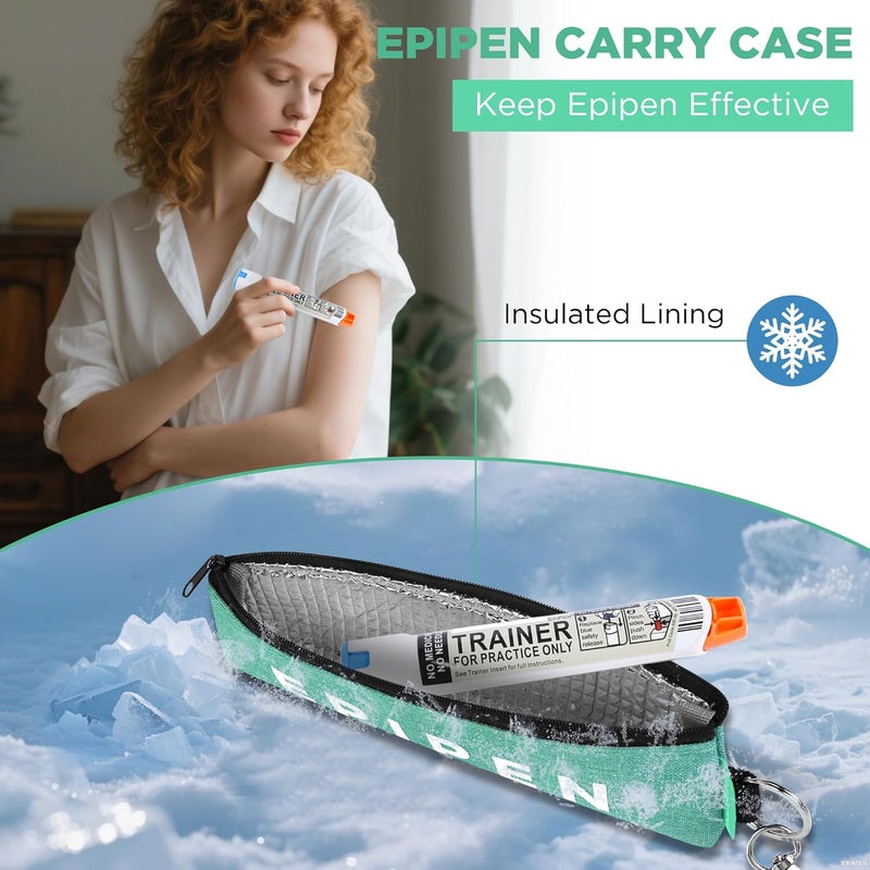 suzamed حقيبة حمل EpiPen محمولة، حقيبة طبية طارئة معزولة للحفاظ على فعالية الدواء، تناسب حاقن EpiPen واحد، جهاز استنشاق الربو، Auvi-Q، أدوية الحساسية، حامل EpiPen للسفر للبالغين أو الأطفال (أخضر) - Image 2