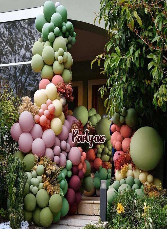 Partycus قوس بالونات بألوان وردي باهت وأخضر وأصفر - قوس بالونات مزدوج الحشو بألوان أخضر زيتوني فاتح وأرجواني باستيل مطفي، مثالي لحفلات استقبال المولود وأعياد الميلاد وحفلات الغابة الساحرة - Image 2