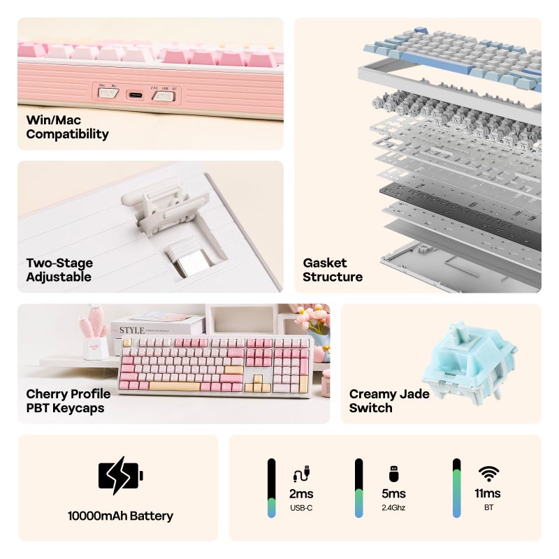 EPOMAKER TH108 Full Size Mechanical Keyboard, Wireless Gaming Keyboard with 8000mAh Battery, Creamy Gasket, 108 Keys, Hot Swap, Custom Driver, RGB Backlight (Pink, Creamy Jade) - Image 3