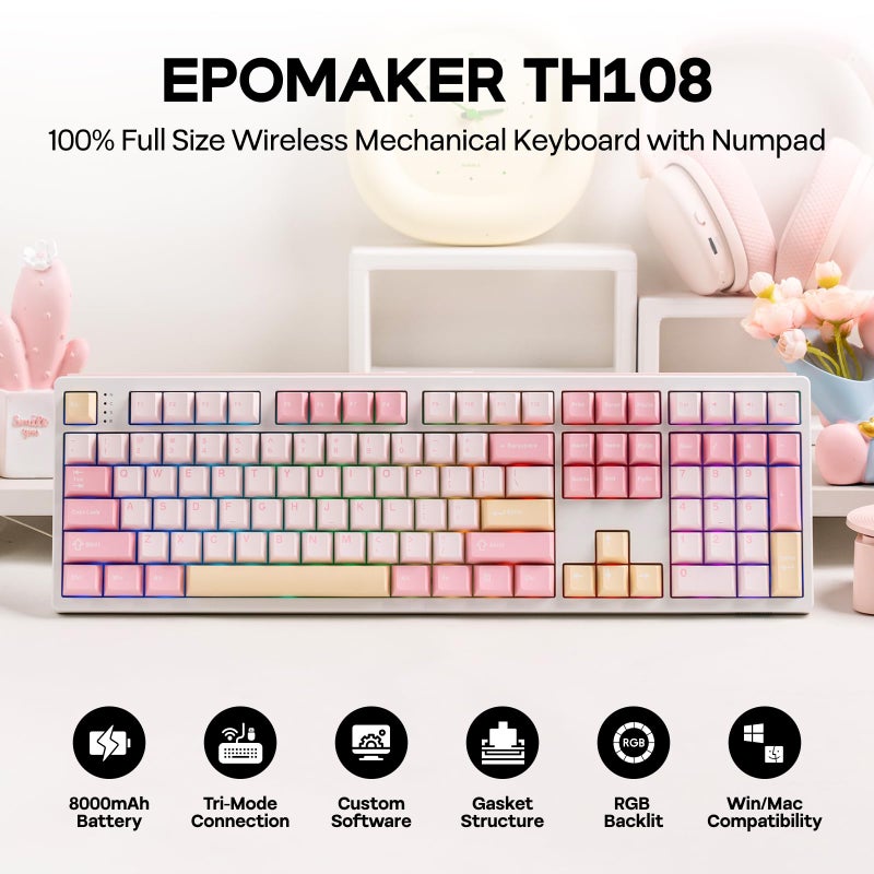 EPOMAKER TH108 Full Size Mechanical Keyboard, Wireless Gaming Keyboard with 8000mAh Battery, Creamy Gasket, 108 Keys, Hot Swap, Custom Driver, RGB Backlight (Pink, Creamy Jade) - Image 2