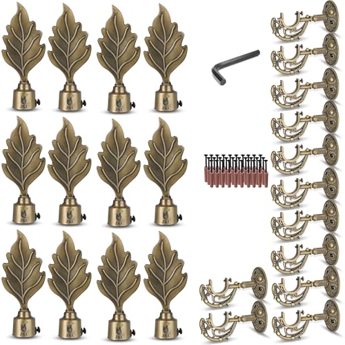 JKC Antique Look Zinc Alloy Leaf Curtain Brackets and Holders - Curtain Bracket Set with Curtain Knobs and Rod End Cap, Ideal Curtain Knob Solution - Bracket 12 Holder 12 - Image 1