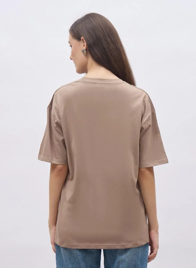 Styli Styli Women Beige Slogan Print Short Sleeve Oversized T-Shirt
