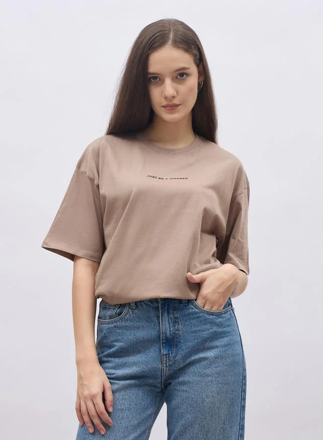 ستايلي Styli Women Beige Slogan Print Short Sleeve Oversized T-Shirt