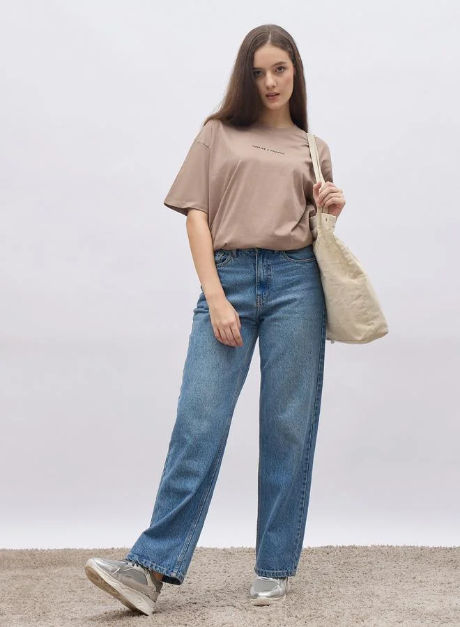 ستايلي Styli Women Beige Slogan Print Short Sleeve Oversized T-Shirt