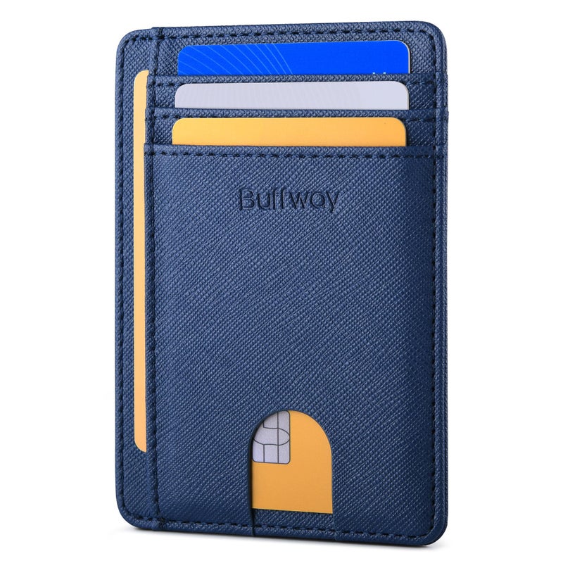 Buffway Slim Minimalist Front Pocket RFID Blocking Leather Wallets for Men and Women - Cross Blue - Image 1