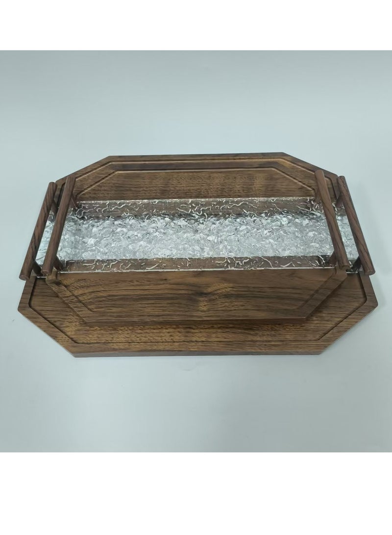 طقم 2 قطعة من صينية خشبية وأكريليك مع مقابض، صينية تقديم زخرفية لطاولة القهوة، الشاي، تخزين مستطيلة