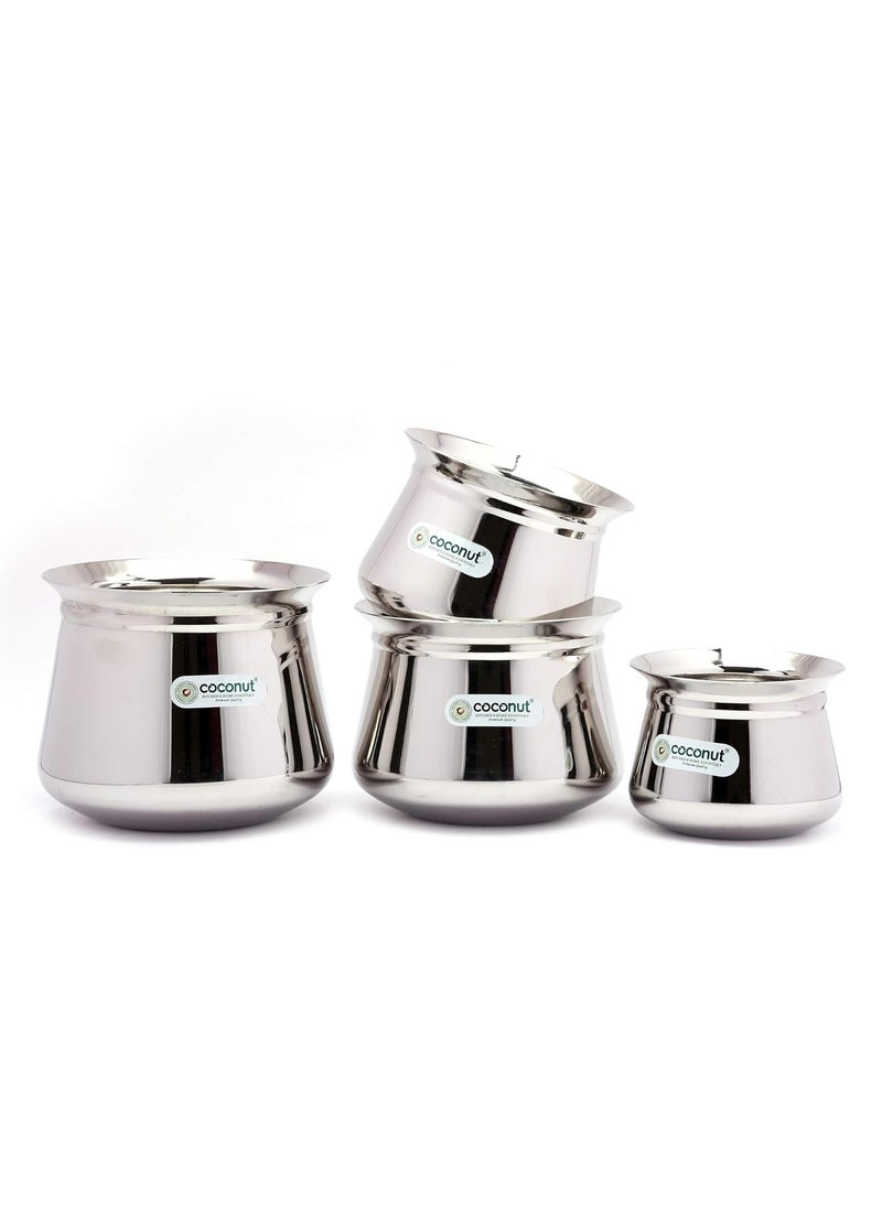 Coconut Coconut Stainless Steel - Cookware/Temple Handi - Set of 4 - Capacity - 600/750 / 1500/2000 ML - Diameter - 4.25, 5, 5.5 & 6 Inches  - Image 1