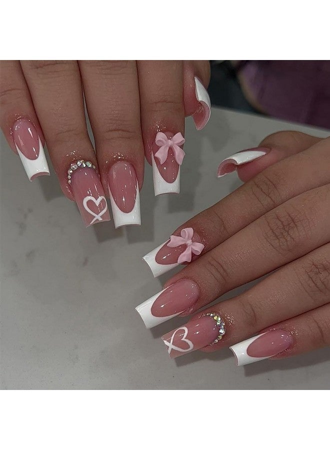 YKZFUI French Tip Press On Nails With Charms Medium Fake Nails White French Nails Press Ons Cute Bow Stick On Nails Long Square Shape Acrylic Nails Heart Nails Rhinestones Nails For Women Daily Wear - Image 1