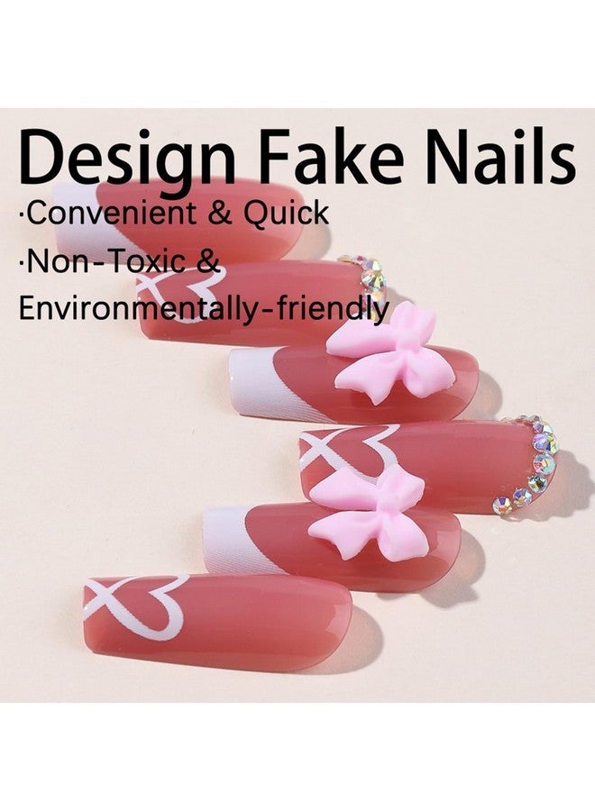 YKZFUI French Tip Press On Nails With Charms Medium Fake Nails White French Nails Press Ons Cute Bow Stick On Nails Long Square Shape Acrylic Nails Heart Nails Rhinestones Nails For Women Daily Wear - Image 3
