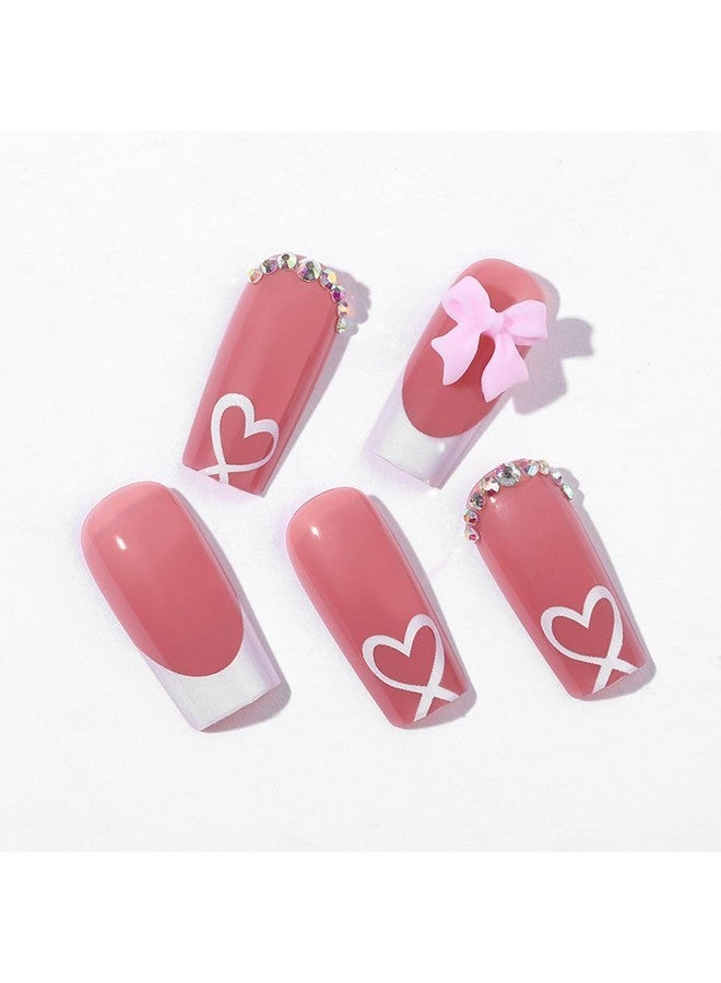 YKZFUI French Tip Press On Nails With Charms Medium Fake Nails White French Nails Press Ons Cute Bow Stick On Nails Long Square Shape Acrylic Nails Heart Nails Rhinestones Nails For Women Daily Wear - Image 4
