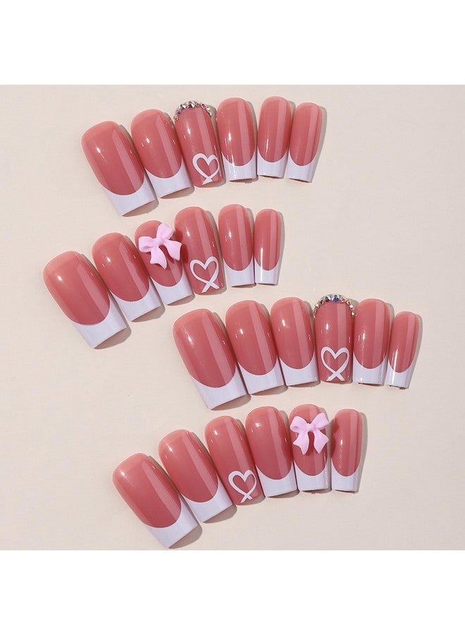 YKZFUI French Tip Press On Nails With Charms Medium Fake Nails White French Nails Press Ons Cute Bow Stick On Nails Long Square Shape Acrylic Nails Heart Nails Rhinestones Nails For Women Daily Wear - Image 2