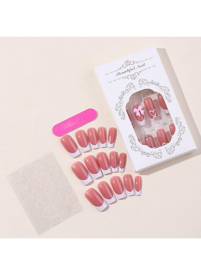 YKZFUI French Tip Press On Nails With Charms Medium Fake Nails White French Nails Press Ons Cute Bow Stick On Nails Long Square Shape Acrylic Nails Heart Nails Rhinestones Nails For Women Daily Wear - Image 5