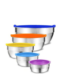 MARKQ Mixing Bowls with Airtight Plastic Color Lids, 5 Stainless Steel Salad Bowls for Baking Cooking Space Saving Storage Food Prep  - Image 1