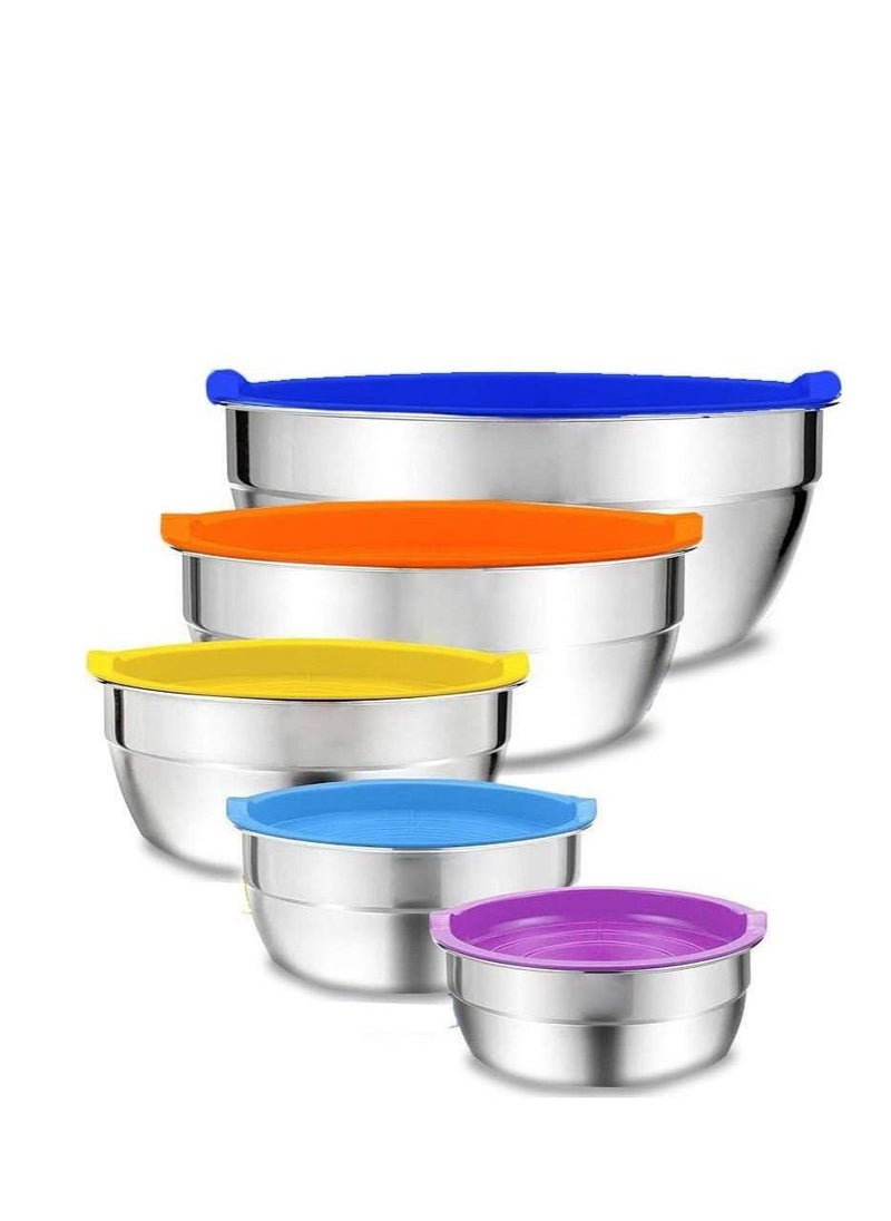 MARKQ Mixing Bowls with Airtight Plastic Color Lids, 5 Stainless Steel Salad Bowls for Baking Cooking Space Saving Storage Food Prep  - Image 1