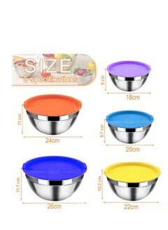 MARKQ Mixing Bowls with Airtight Plastic Color Lids, 5 Stainless Steel Salad Bowls for Baking Cooking Space Saving Storage Food Prep  - Image 2