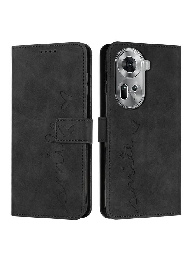 Green Tiger For OPPO Reno11 5G Global Skin Feel Heart Embossed Leather Phone Case with Long Lanyard(Black)