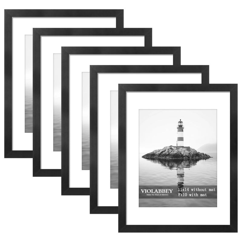 VIOLABBEY 11x14 Picture Frame Set of 5, Black Frames for 8x10 Photos with Mat or 11 x 14 without Mat,Gallery Wall Frame - Image 1