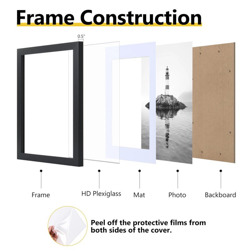 VIOLABBEY 11x14 Picture Frame Set of 5, Black Frames for 8x10 Photos with Mat or 11 x 14 without Mat,Gallery Wall Frame - Image 3