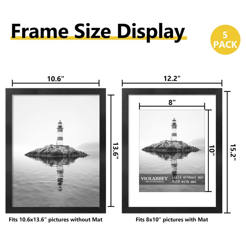 VIOLABBEY 11x14 Picture Frame Set of 5, Black Frames for 8x10 Photos with Mat or 11 x 14 without Mat,Gallery Wall Frame - Image 2