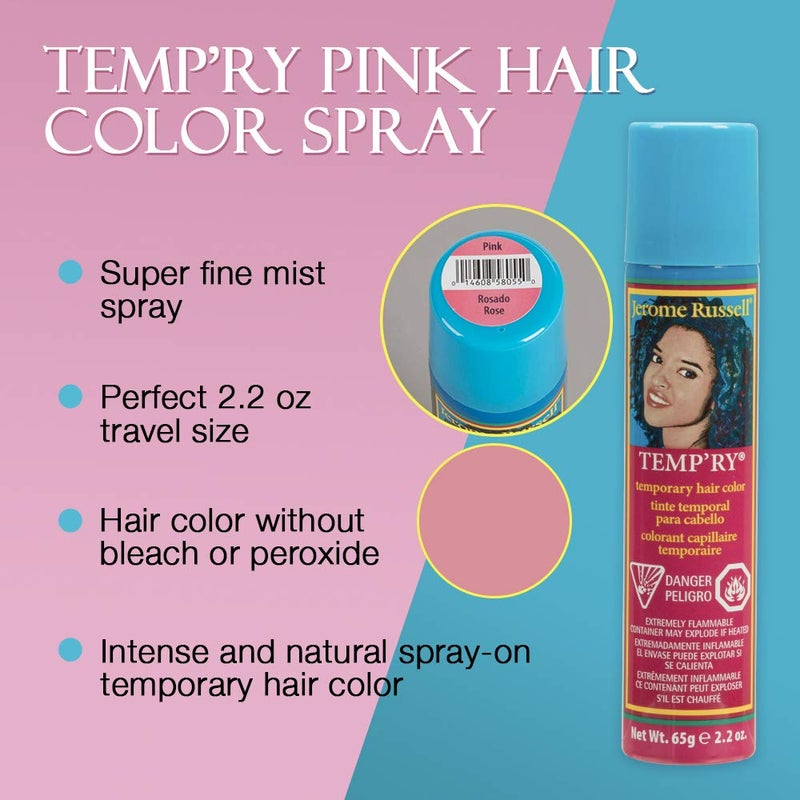 Jerome Russell Temporary Hair Color Spray Pink - Intense Spray-On Temporary Hair Color, Fast-Drying, Non-Sticky, Travel Size, 2.2 oz, Peroxide Free, Pink - Image 3