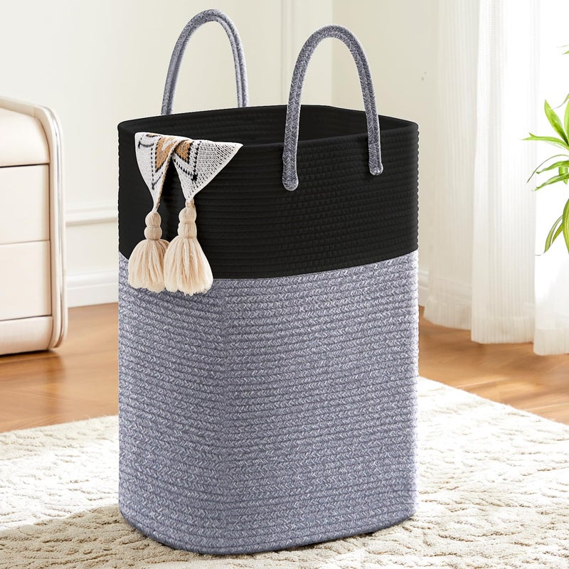 Artfeel Laundry Basket,Woven Cotton Rope Laundry Hamper,Versatile Storage for Dirty Clothes,Baby Toys,and Blankets in Bathroom, Nursery,and Living Room (Black, 40L) - Image 1