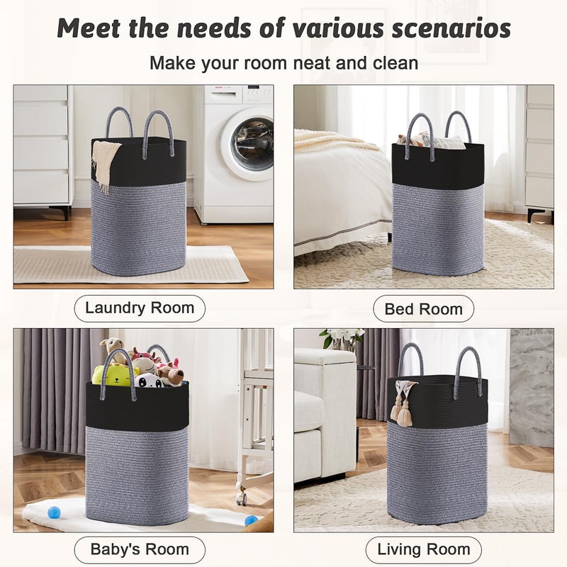 Artfeel Laundry Basket,Woven Cotton Rope Laundry Hamper,Versatile Storage for Dirty Clothes,Baby Toys,and Blankets in Bathroom, Nursery,and Living Room (Black, 40L) - Image 5