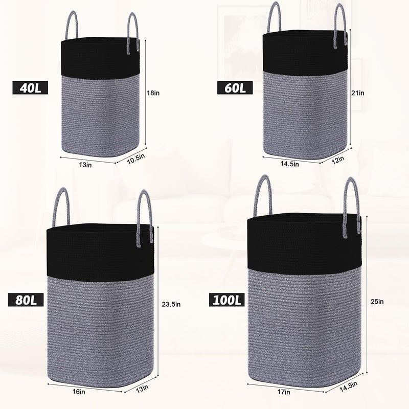 Artfeel Laundry Basket,Woven Cotton Rope Laundry Hamper,Versatile Storage for Dirty Clothes,Baby Toys,and Blankets in Bathroom, Nursery,and Living Room (Black, 40L) - Image 3