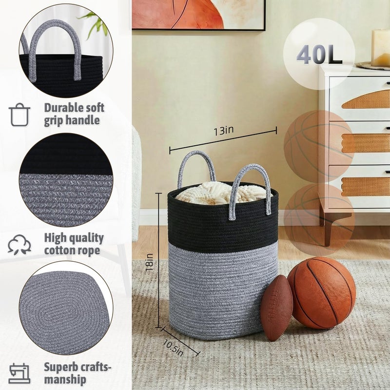 Artfeel Laundry Basket,Woven Cotton Rope Laundry Hamper,Versatile Storage for Dirty Clothes,Baby Toys,and Blankets in Bathroom, Nursery,and Living Room (Black, 40L) - Image 2