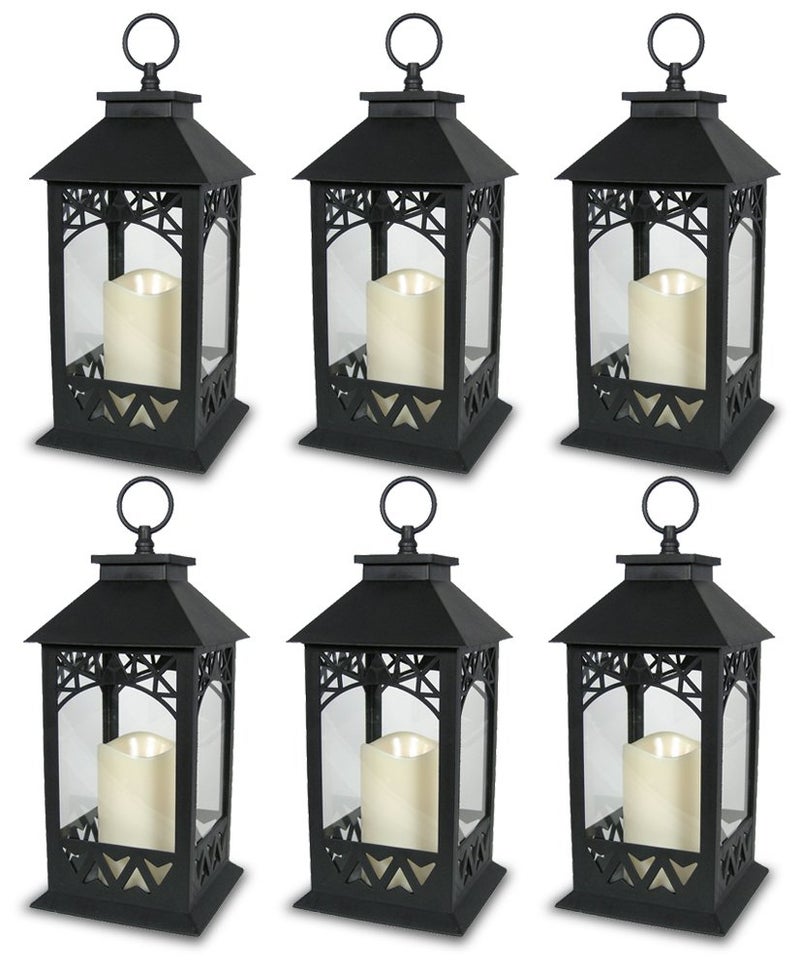 BANBERRY DESIGNS Black Decorative LED Lantern with Lattice Design  Pillar Candle with 4 Hour Timer Included  Remote Control  Hanging or Sitting Decoration  Set of 6  13 H 