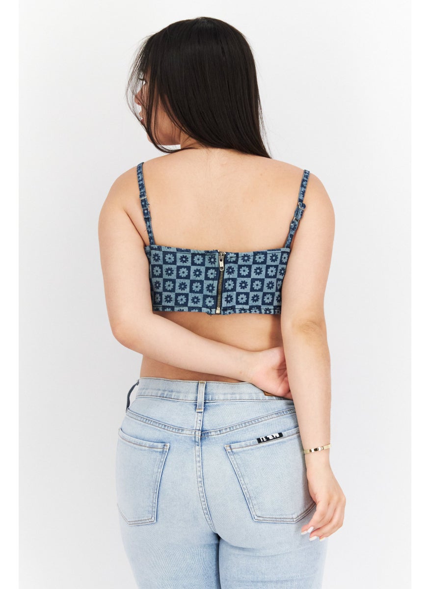 Violet Romance - Women Square Neck Sleeveless Floral Print Denim Crop Top, Wash Blue - Image 1