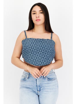 Women Square Neck Sleeveless Floral Print Denim Crop Top, Wash Blue
